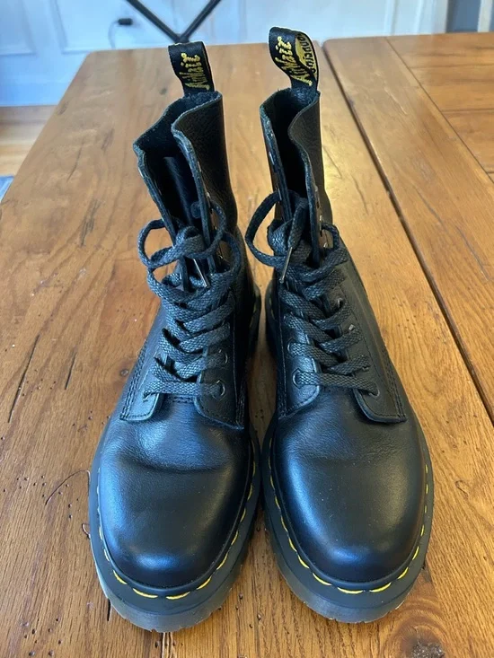 Dr. Martens Black Leather Lace-Up Boots with Yellow Stitching - Picture 2 of 10